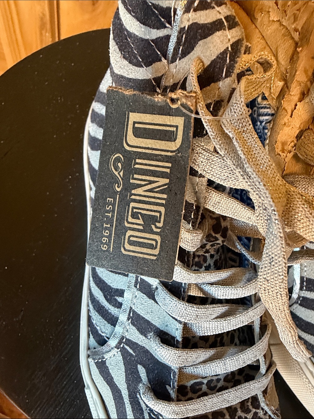 Dingo Women Black & White Zebra-Print High-Top Sneakers with Leopard Toe Accent - Picture 2 of 6